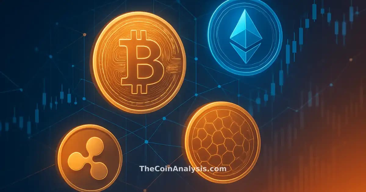 Digital illustration of glowing cryptocurrency coins connected by tech lines over financial charts with gradient background