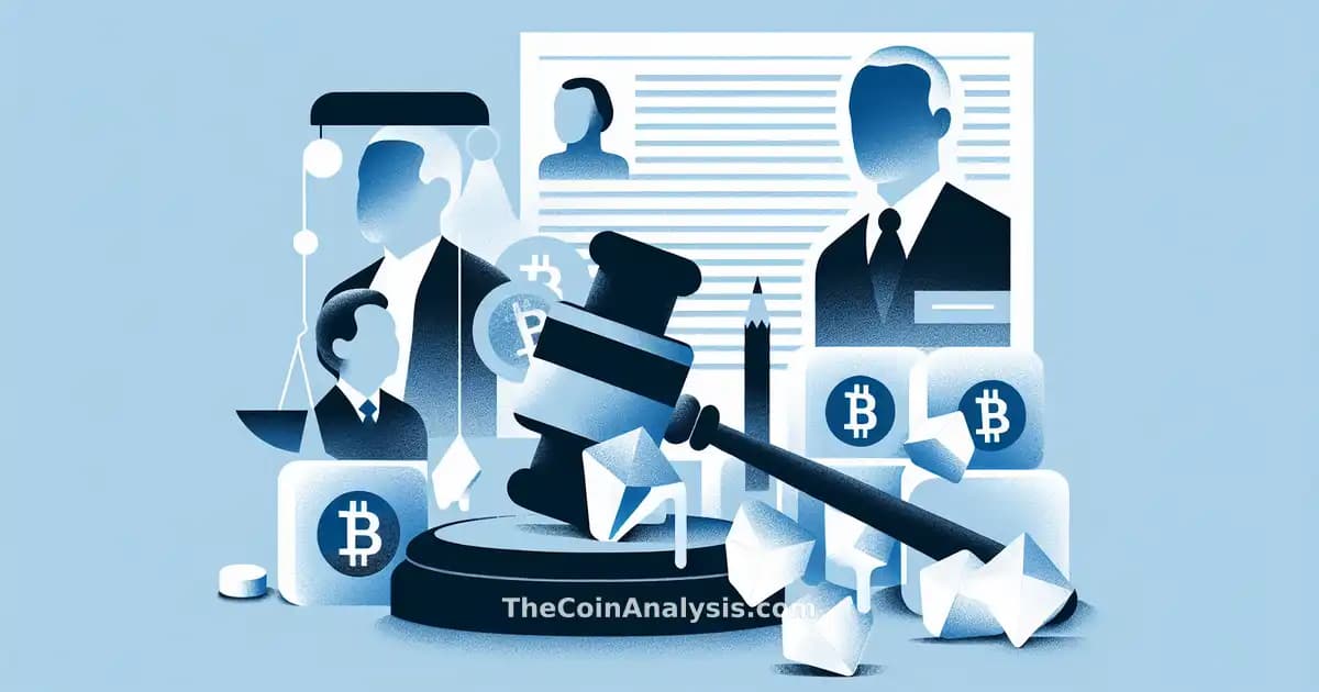 Minimalist illustration of a judge’s gavel, frozen cryptocurrency coins, and abstract figures symbolizing Justin Sun and Trump-linked individuals
