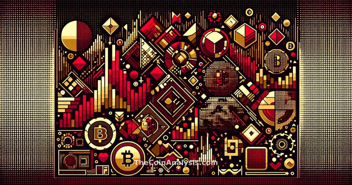 Abstract red and gold geometric shapes with a digital coin and interconnected DeFi network nodes symbolizing volatility.