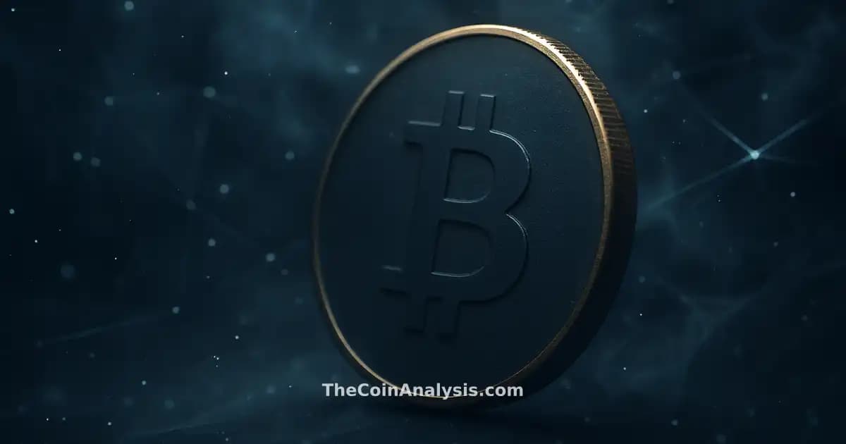 Pièce Bitcoin stylisée aux bords dorés, filaments lumineux et fumée sur fond bleu marine profond.