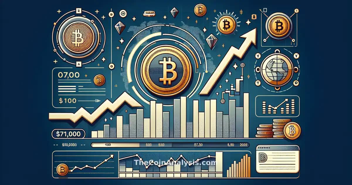 Infographie moderne montrant une pièce Bitcoin au-dessus de graphiques haussiers et symboles géopolitiques subtils.