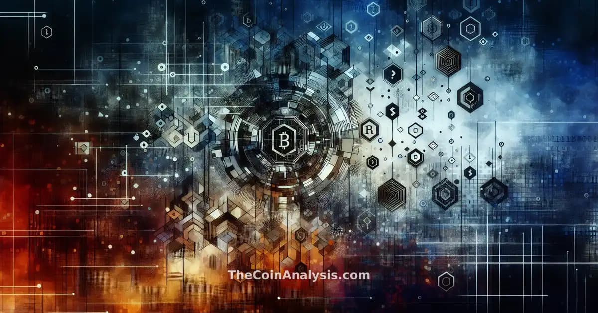 Abstract digital art of intertwined geometric shapes, circuit patterns, and cryptocurrency symbols conveying disruption.