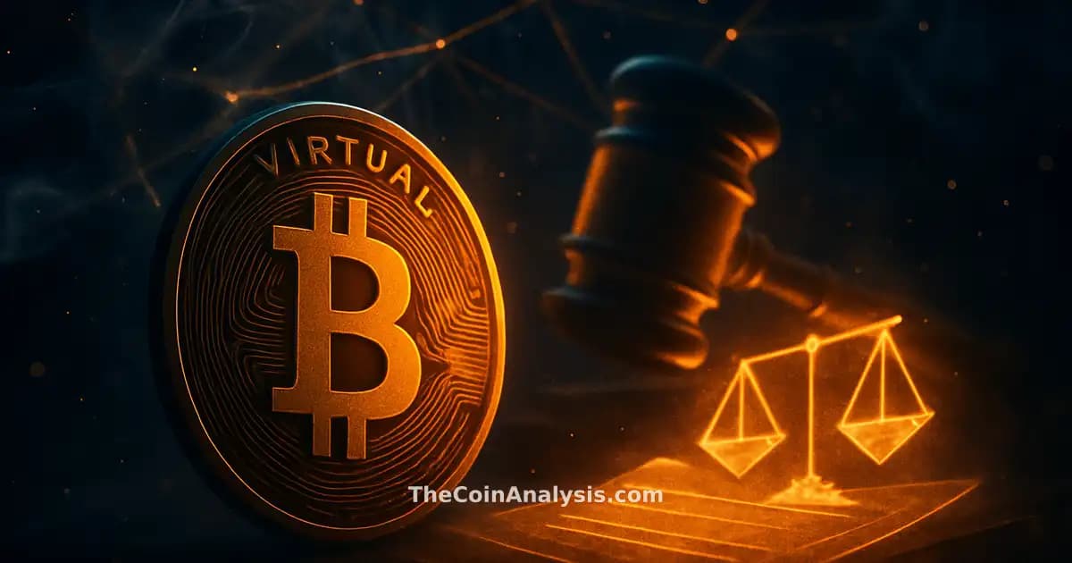 Stylized virtual crypto symbol with glowing network filaments, abstract gavel, and scales of justice in smoky fintech scene