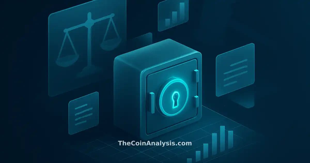 Isometric digital vault with glowing portal, surrounded by geometric scales of justice and floating document fragments