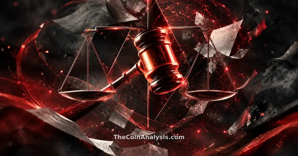 Glowing judge’s gavel crossed with geometric scales amid swirling legal papers in smoky, crimson-lit network space