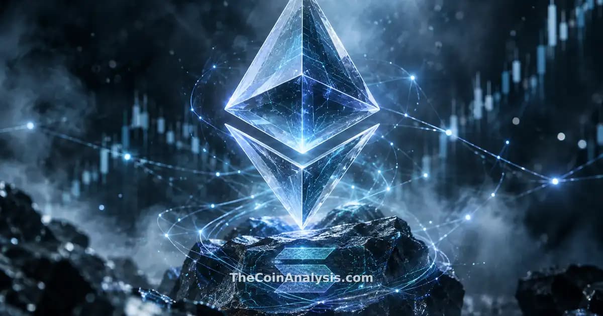 Luminous glass Ethereum symbol with circuitry texture, abstract Solana glyph base, glowing network filaments, smoke and light particles.