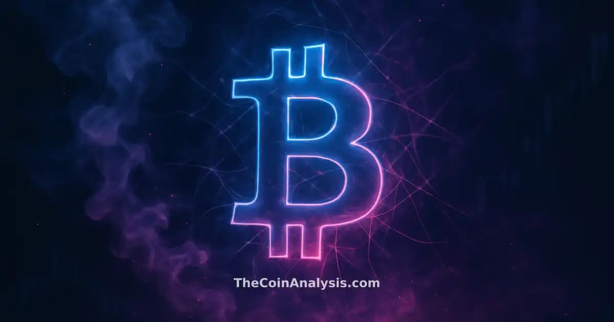 Symbole Bitcoin lumineux abstrait sur fond bleu nuit et magenta, filaments de réseau et silhouettes de chandeliers boursiers.