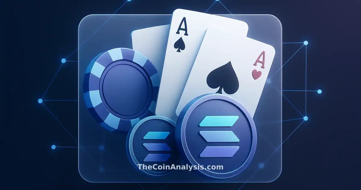 Abstract glassmorphic card with poker chips, playing cards, and Solana crypto coins linked by digital network lines