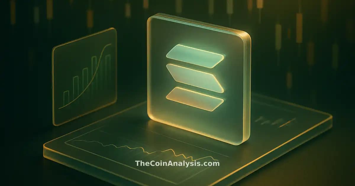 Isometric visualization of glowing Solana token surrounded by floating market candles in green and gold tones