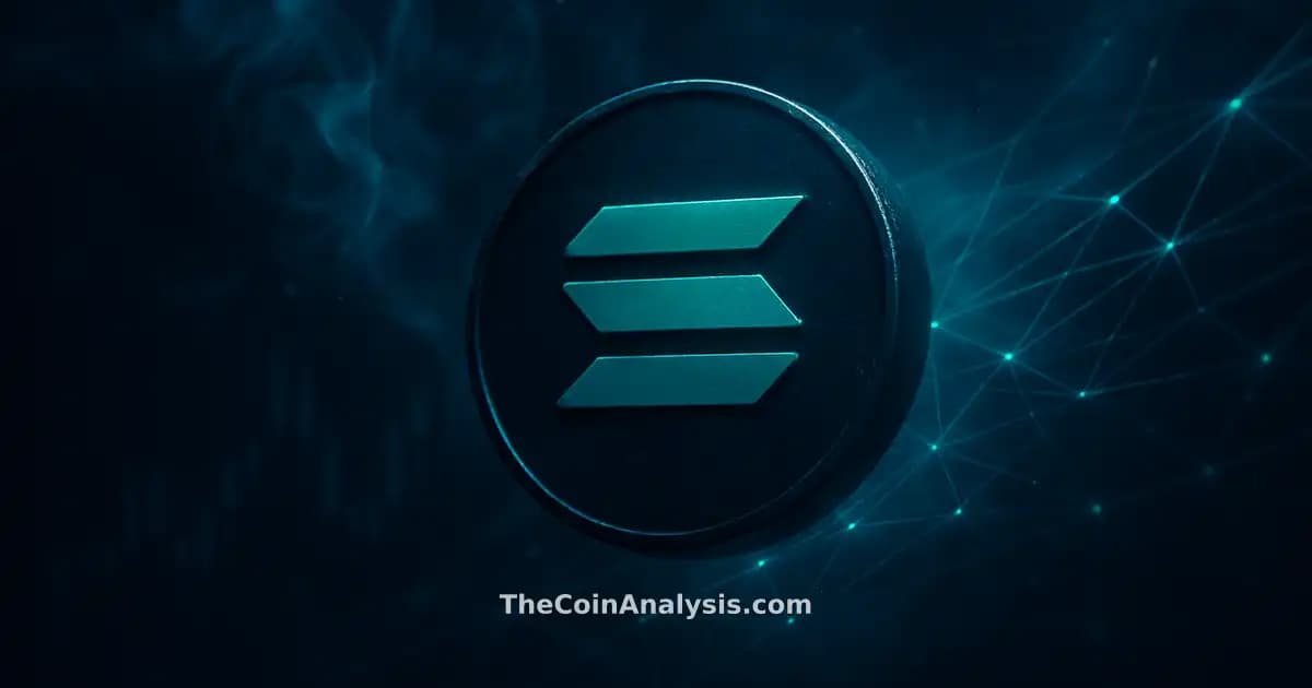 Stylized glowing Solana token glyph with smoke, light particles, and faint market candle silhouettes in deep navy teal tones