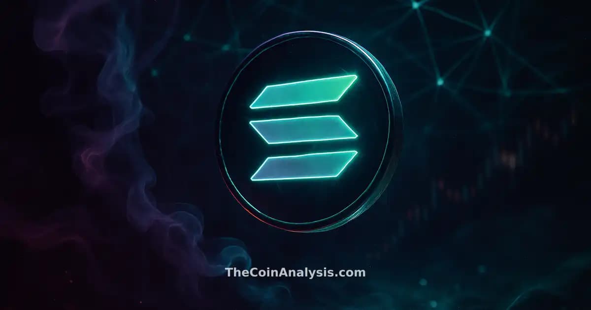 Luminous Solana token glyph amid glowing network filaments, smoke, light particles, and subtle market candles.