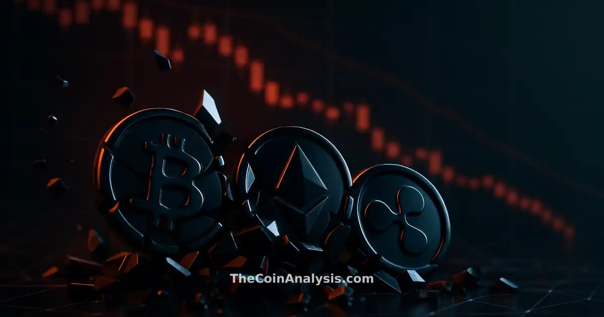 3D glossy crypto coins shattering with a falling candlestick chart and abstract network grid in dramatic lighting