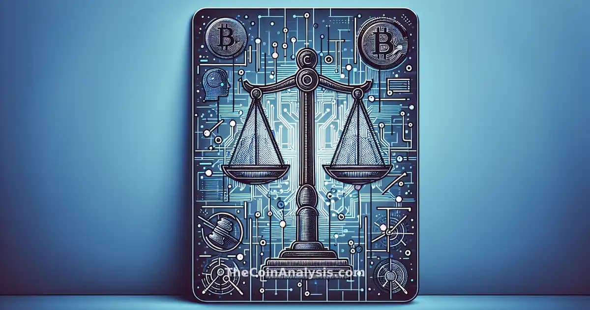 Glass morphism card displaying abstract crypto symbols, justice scales, and digital financial charts in blue tones