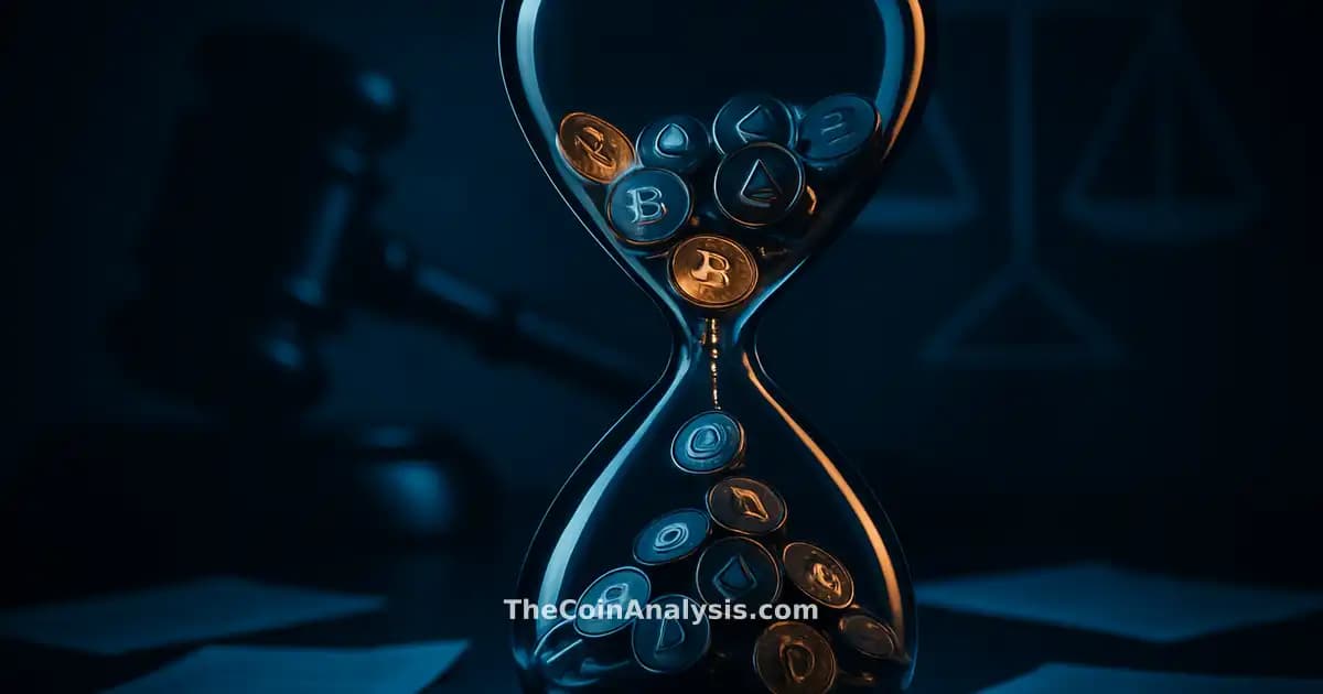 Stylized hourglass with digital tokens frozen midway, abstract gavel and justice scales, scattered documents.