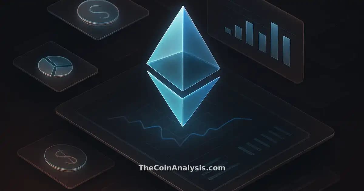 Illustration isométrique d'un glyph Ethereum bleu entouré de panneaux en verre givré et icônes de fonds tokenisés.