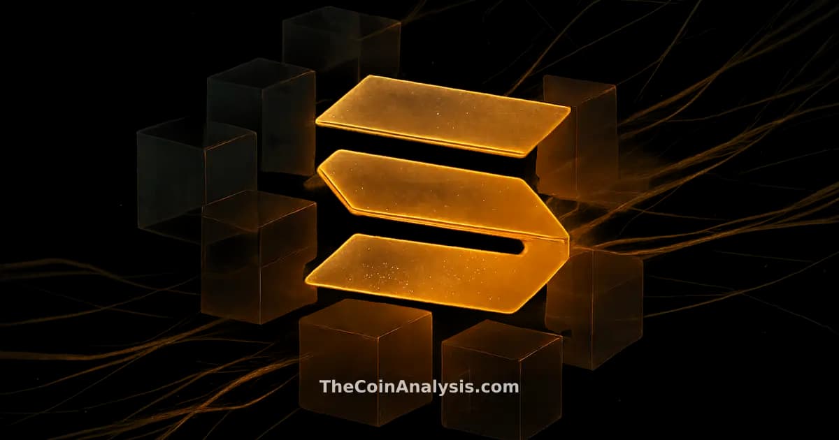 Glowing semi-transparent Solana symbol amid interlocking translucent blocks and amber data ribbons on dark background