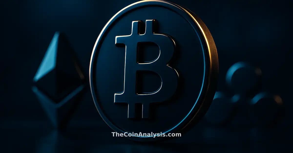 Pièce Bitcoin stylisée en 3D avec éclairage doré sur fond bleu marine et formes abstraites cryptos floues.