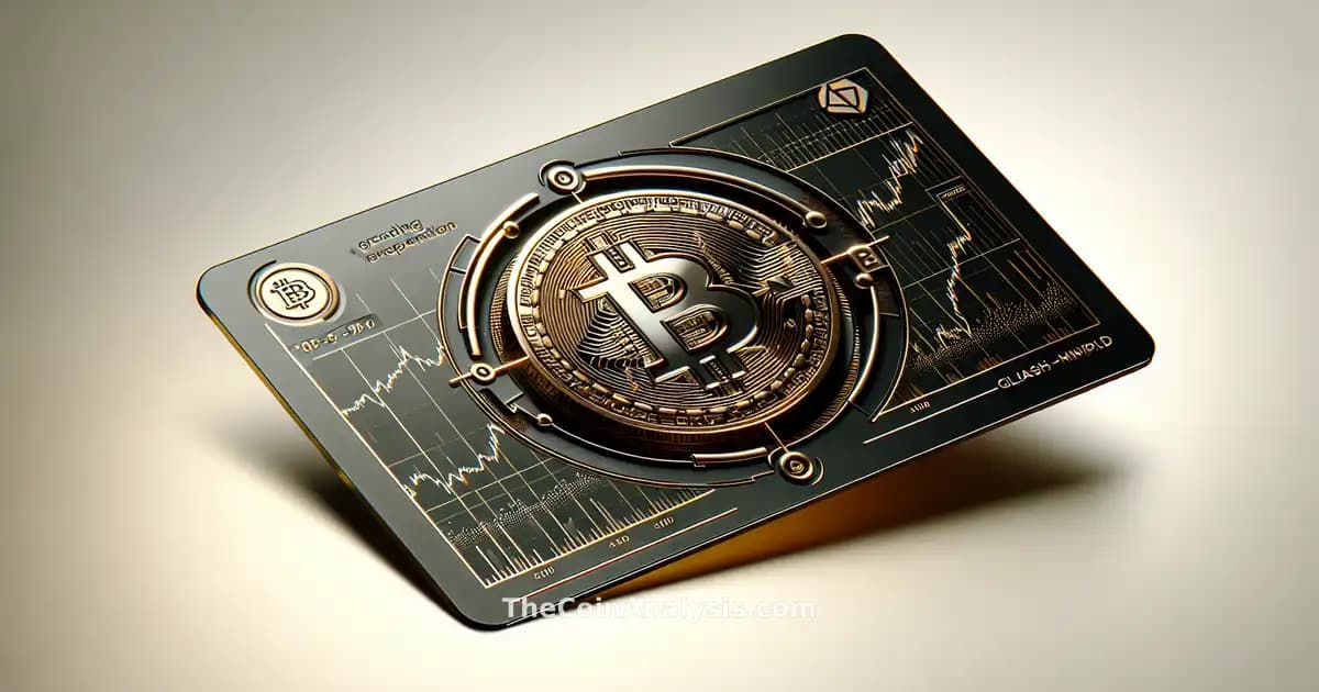 Carte en verre avec symbole Bitcoin, flèches de graphique ETF et logo Morgan Stanley sur fond moderne.