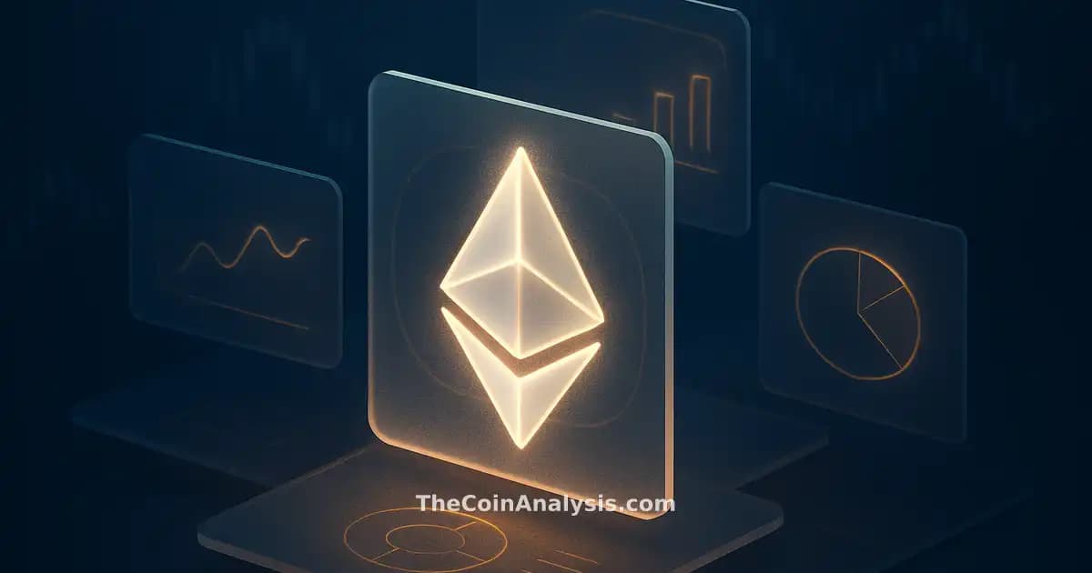 Isometric data visualization with frosted-glass Ethereum symbol and amber holographic panels over dark market charts