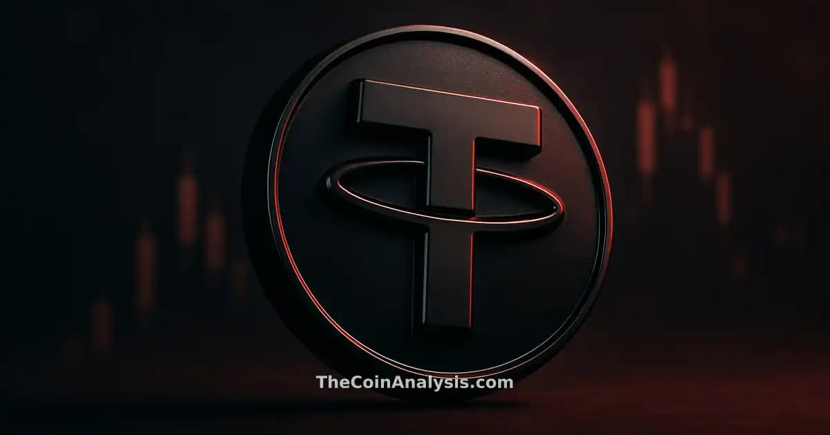 3D glossy Tether token centered with charcoal and crimson tones, low-angle lighting, and blurred market candles background