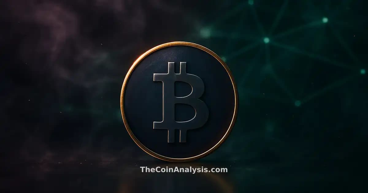 Stylized Bitcoin coin with golden rim light against deep plum and emerald abstract smoke and glowing network filaments