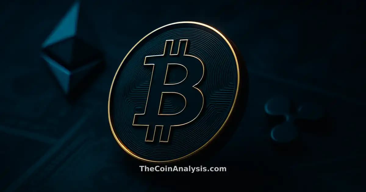 Glossy 3D Bitcoin coin with golden rim light against deep navy backdrop, subtle cash motifs blurred in background