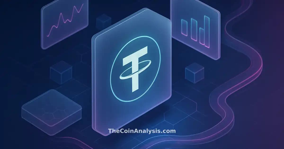 Isometric data visualization with frosted glass panels, holographic Tether symbol, hex grids, and flowing data ribbons.