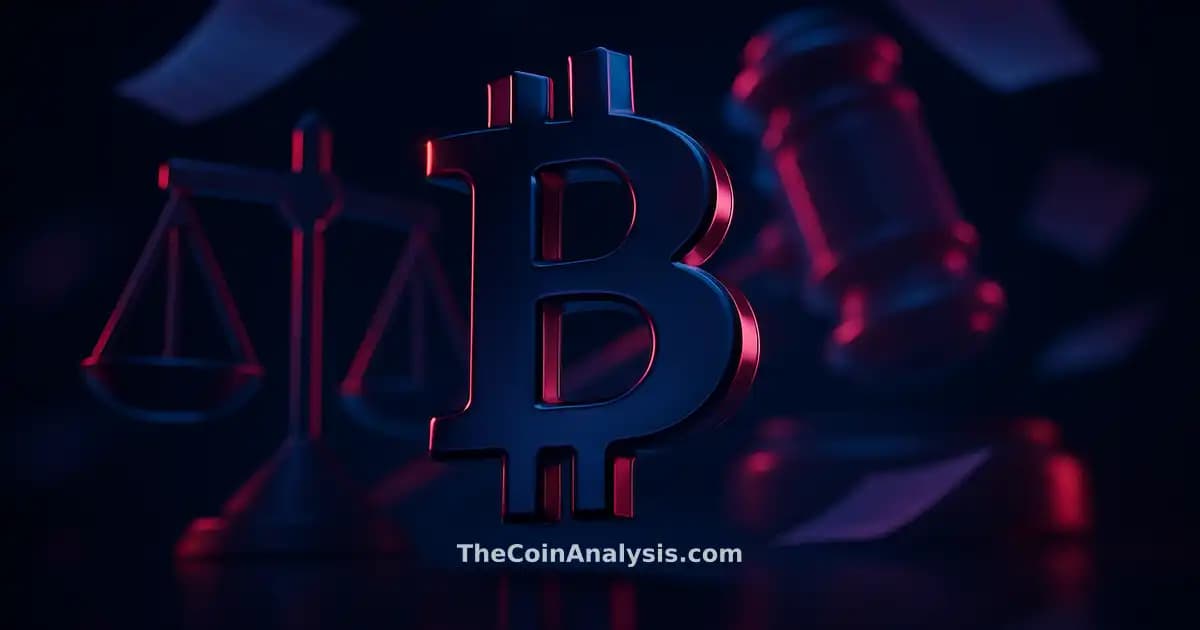 Symbole Bitcoin 3D brillant entouré d’échelles de justice et d’un marteau translucide sur fond bleu nuit.