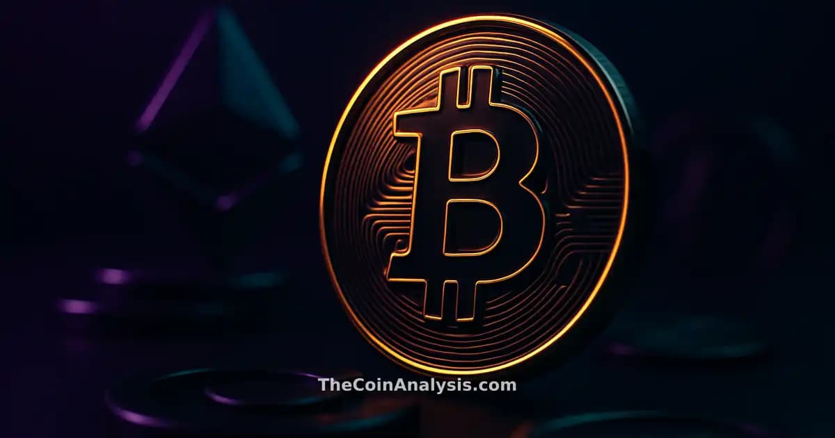 Glossy 3D Bitcoin coin with golden rim light against deep navy backdrop, surrounded by abstract shapes and soft bokeh.