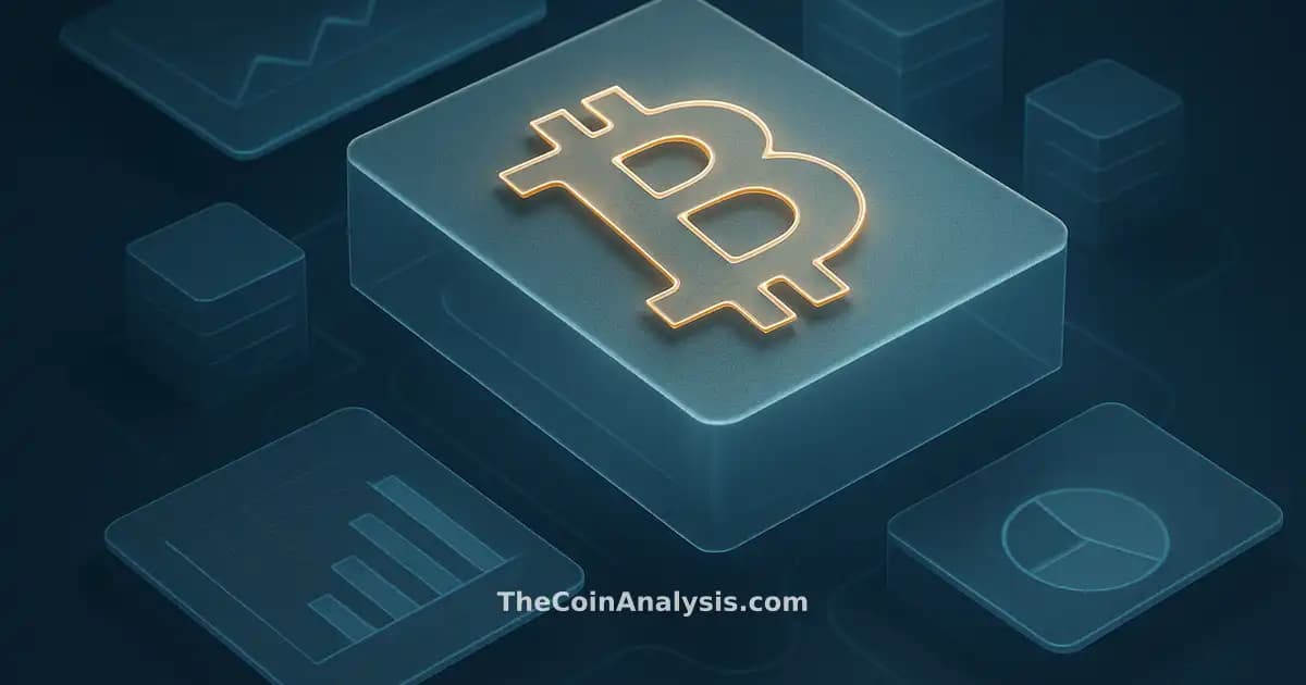 Symbole Bitcoin stylisé en verre givré entouré de serveurs isométriques sur fond bleu marine profond.