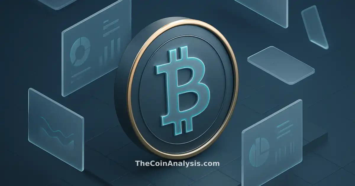 Stylized Bitcoin coin with golden rim and holographic symbol floating among frosted glass panels and isometric blocks