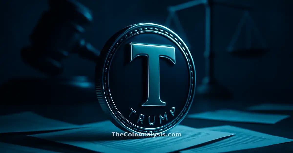 Symbole TRUMP crypto 3D brillant, marteau et balances de justice abstraits, fragments de documents sur fond bleu nuit.