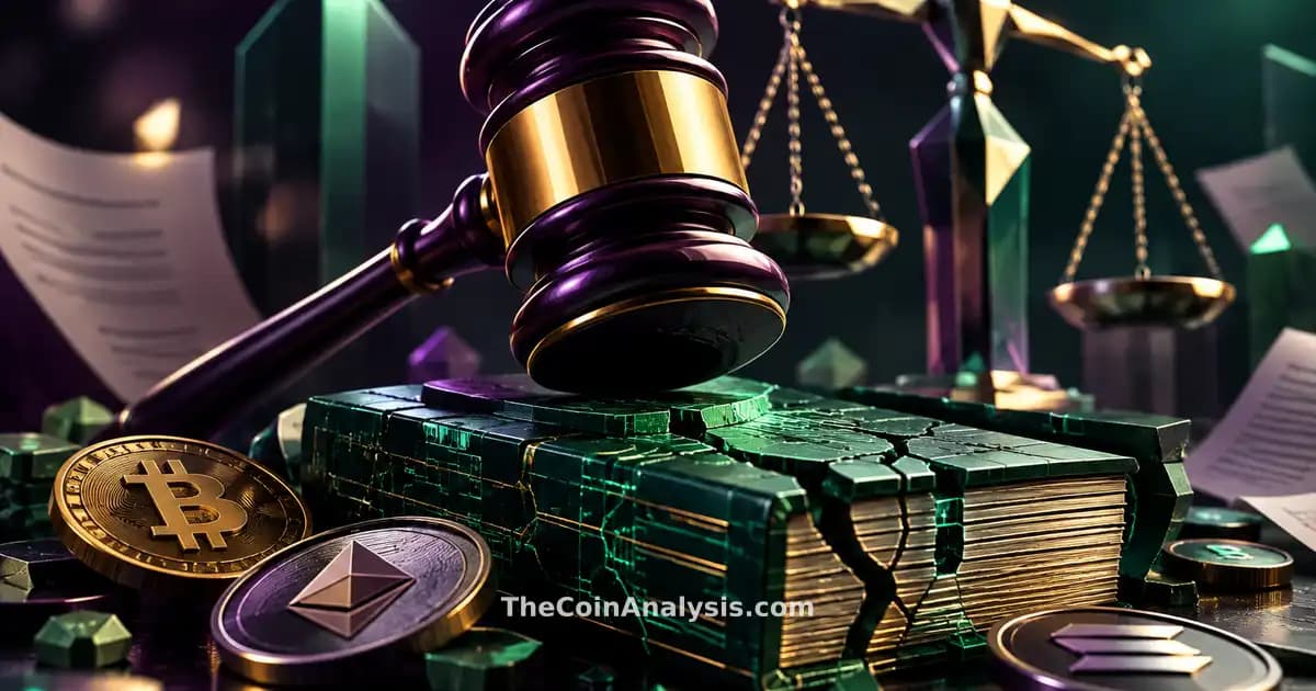 Stylized judge’s gavel resting on cracked digital ledger with abstract scales of justice and document fragments.