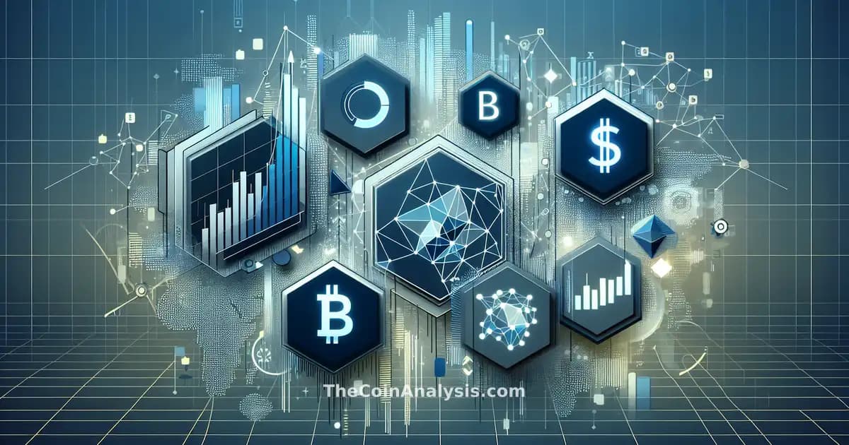 Illustration géométrique abstraite de tokens numériques et graphiques boursiers sur fond professionnel moderne.