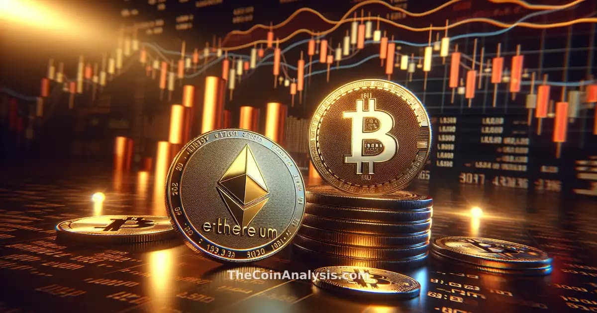 Cinematic 3D glossy Bitcoin and Ethereum coins with candlestick charts and digital waves in a dark, tense setting