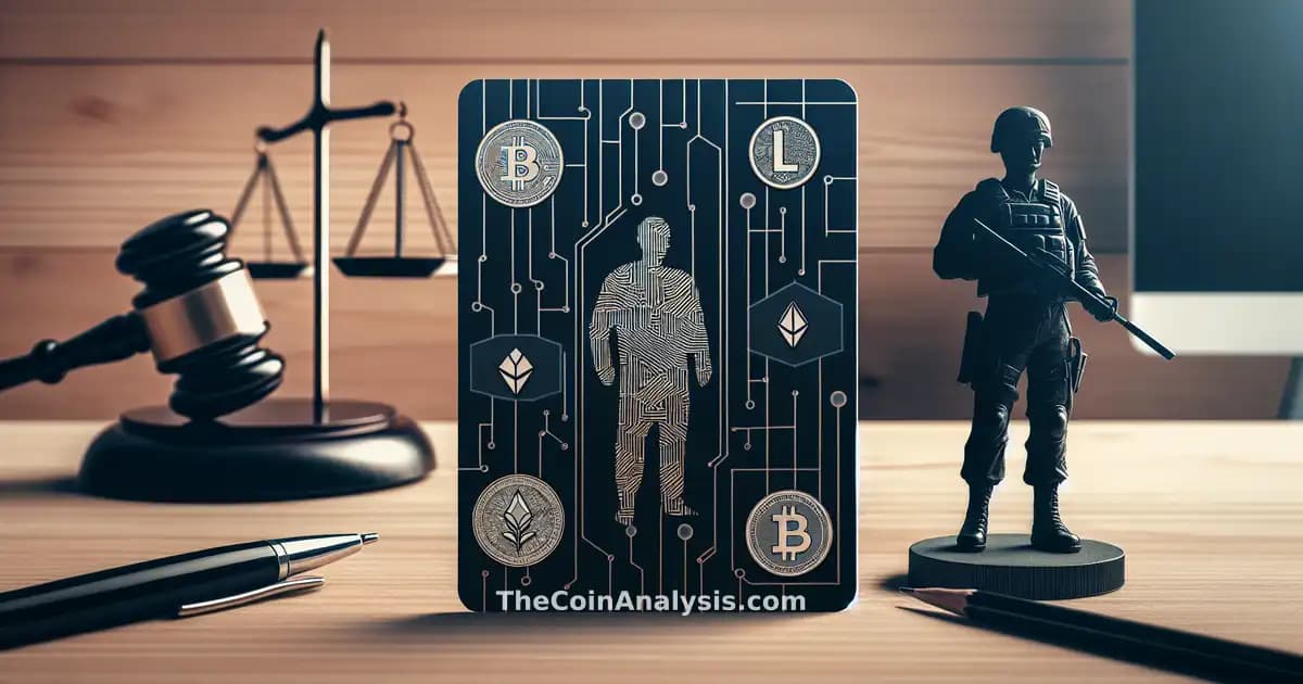 Glassmorphism card with digital currency icons, military silhouette, and faint legal scales on a dark background