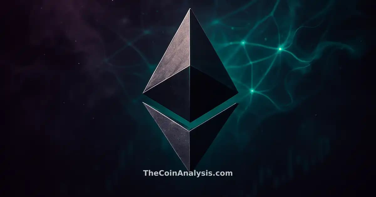 Symbole Ethereum stylisé lumineux sur fond abstrait fumé avec filaments réseau et motifs AI éthérés.