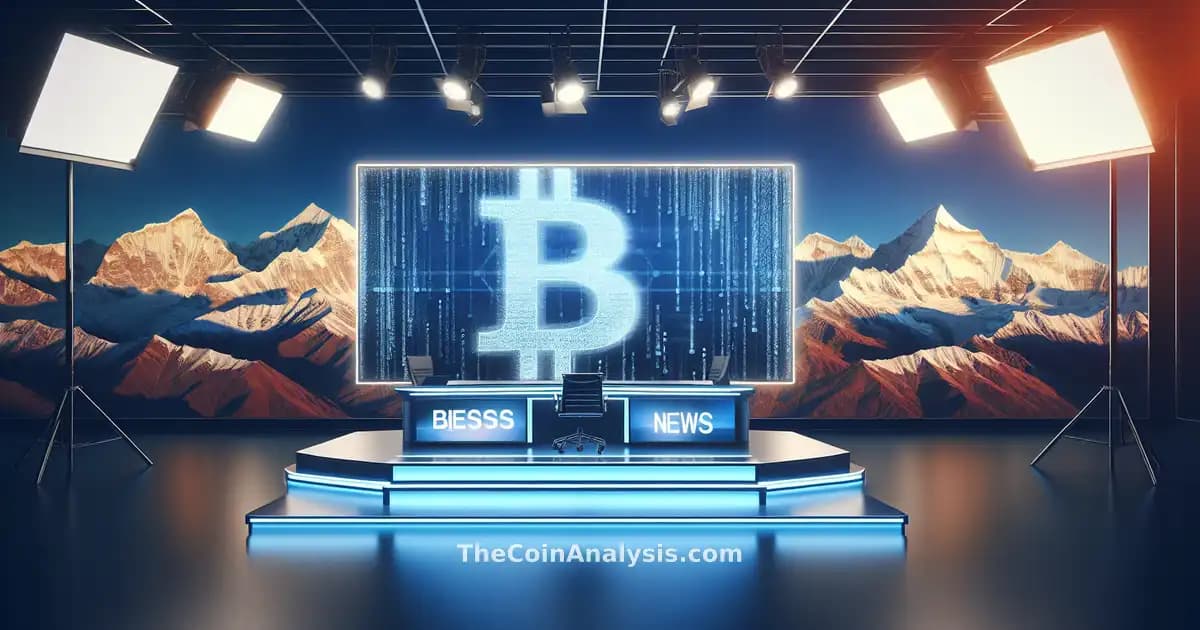 Professional news studio with fading Bitcoin symbols overlaid on Himalayan mountain backdrop.