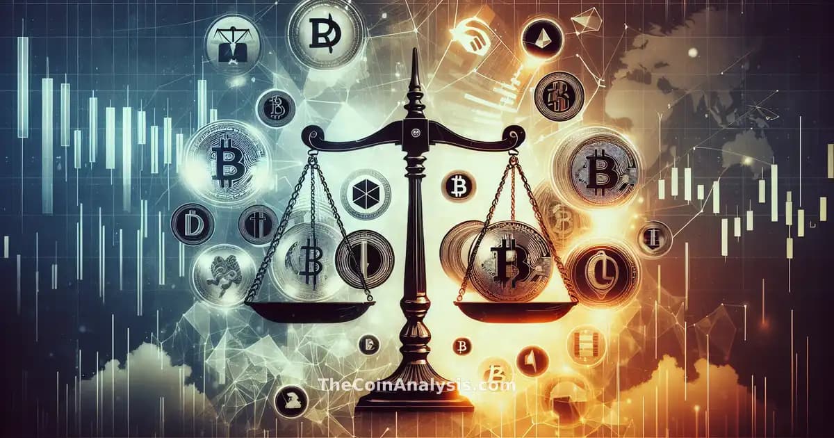 Balance de la justice entre symboles crypto et graphiques de données en conflit dans un décor dynamique.