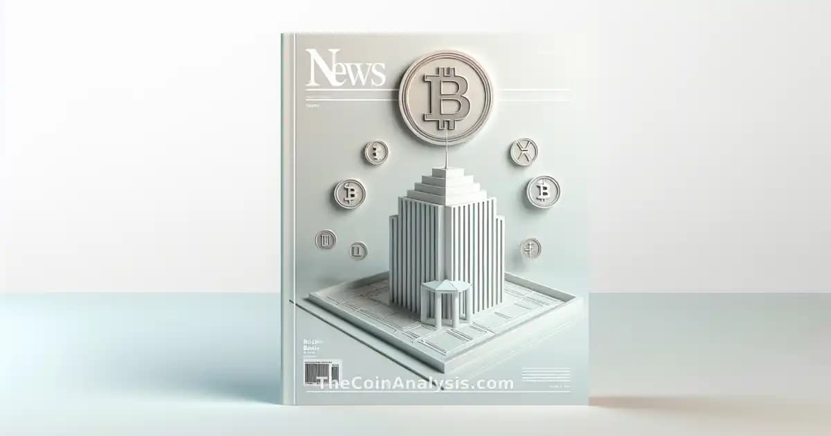 Coinbase logo atop minimalist bank building with digital currency icons on clean white background.