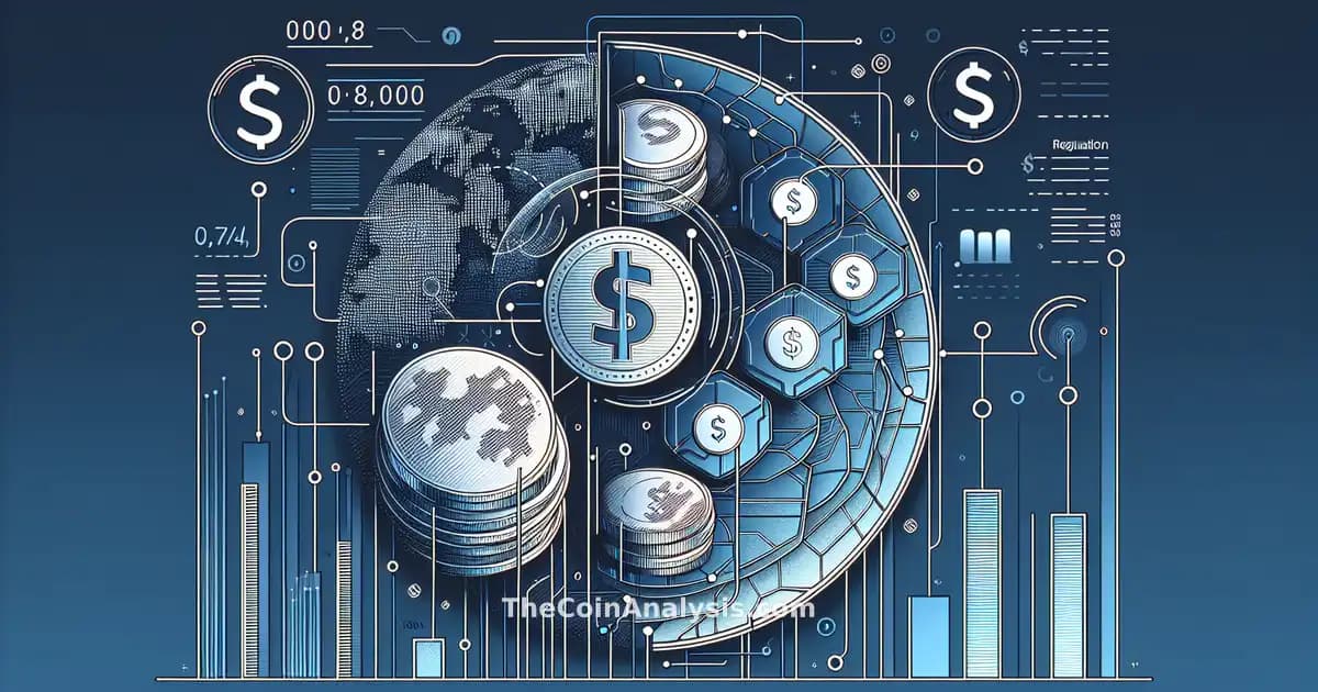 Carte en verre avec symboles numériques de dollars et pièces abstraites sur fond bleu, évoquant régulation financière.