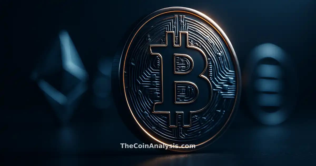 Glossy 3D Bitcoin coin with golden rim lighting and quantum-inspired details on deep navy backdrop.