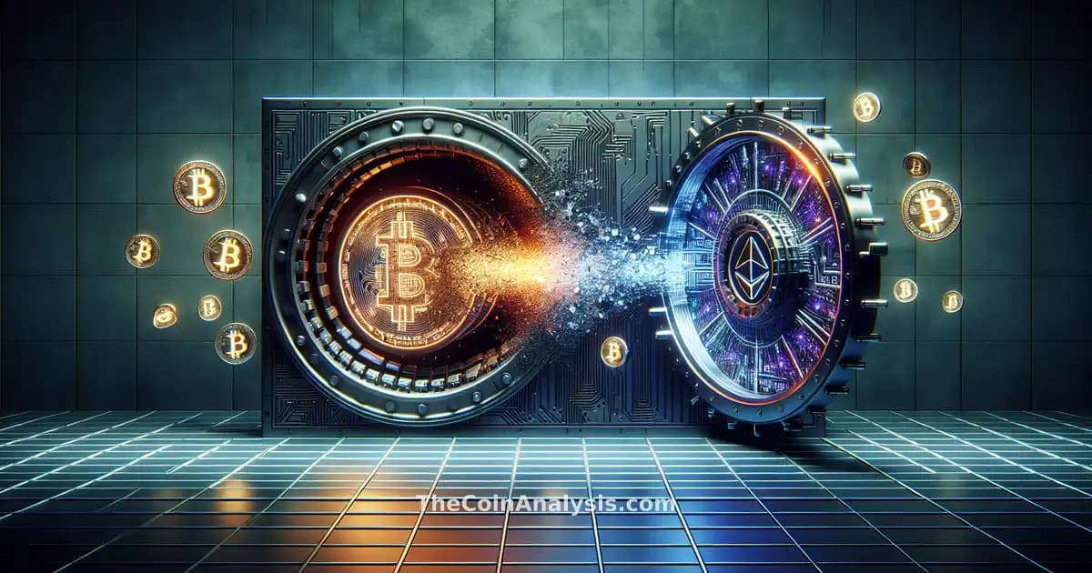 Digital vault cracking open with neon cryptocurrency symbols escaping amid dark glitchy blockchain code background.