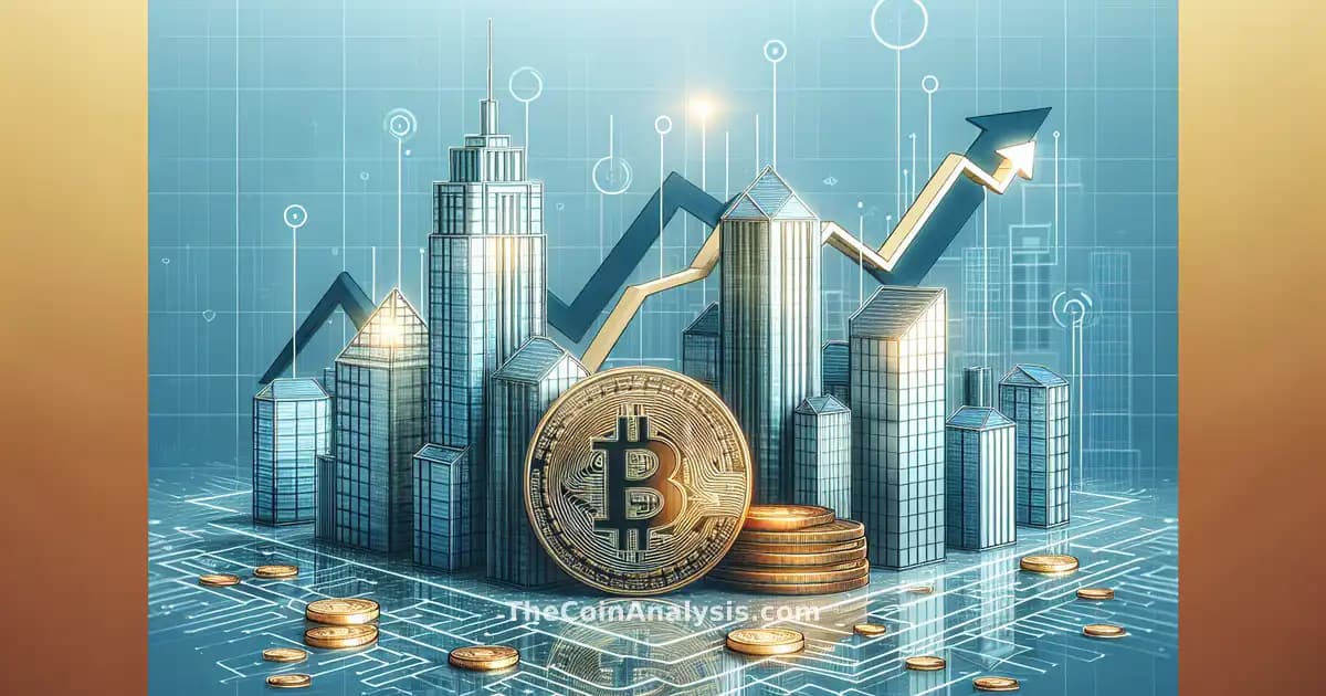 Glassmorphism card with digital Bitcoins, rising graph, and corporate skyscrapers representing crypto growth.