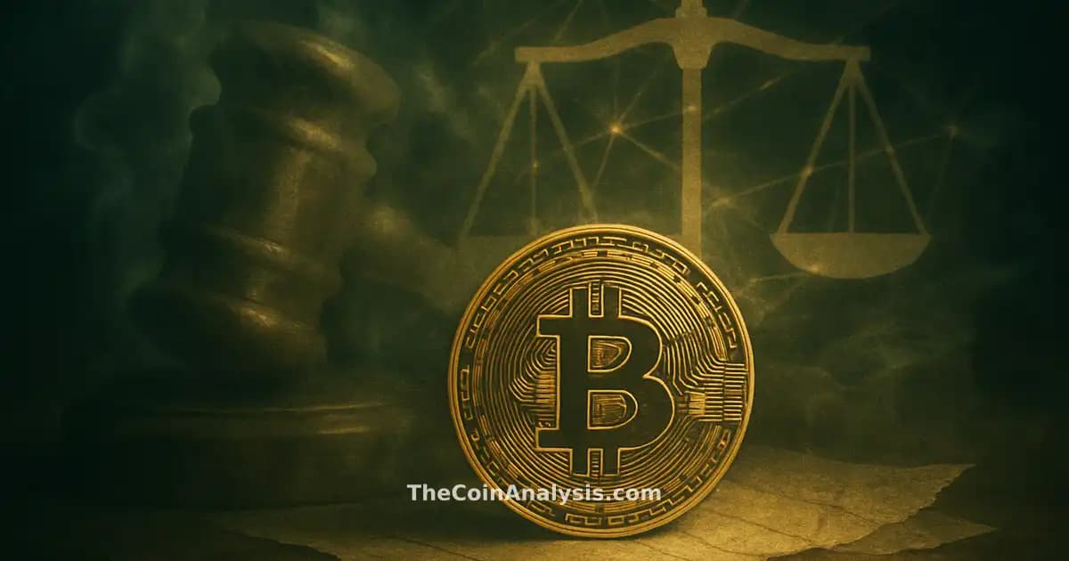 Symbole Bitcoin stylisé entouré d’un marteau, balances de justice et documents fragmentés sur fond vert et or.