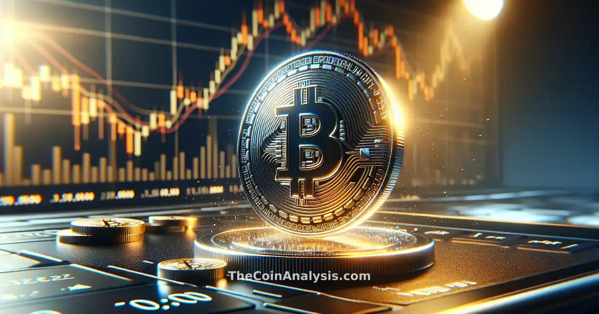 Glossy 3D Coinbase coin dropping with dramatic lighting and sharp focus, candlestick trading chart blurred in background
