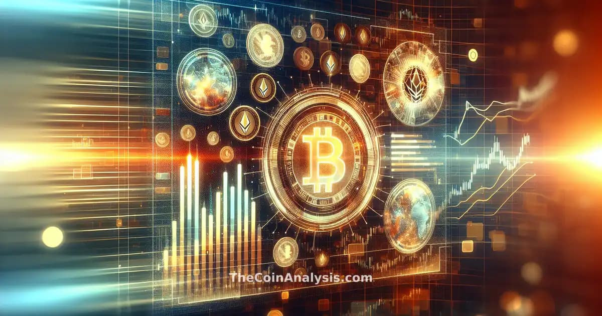 Glassmorphism card with glowing Bitcoin and Ethereum coins merging with digital stock charts and data streams.