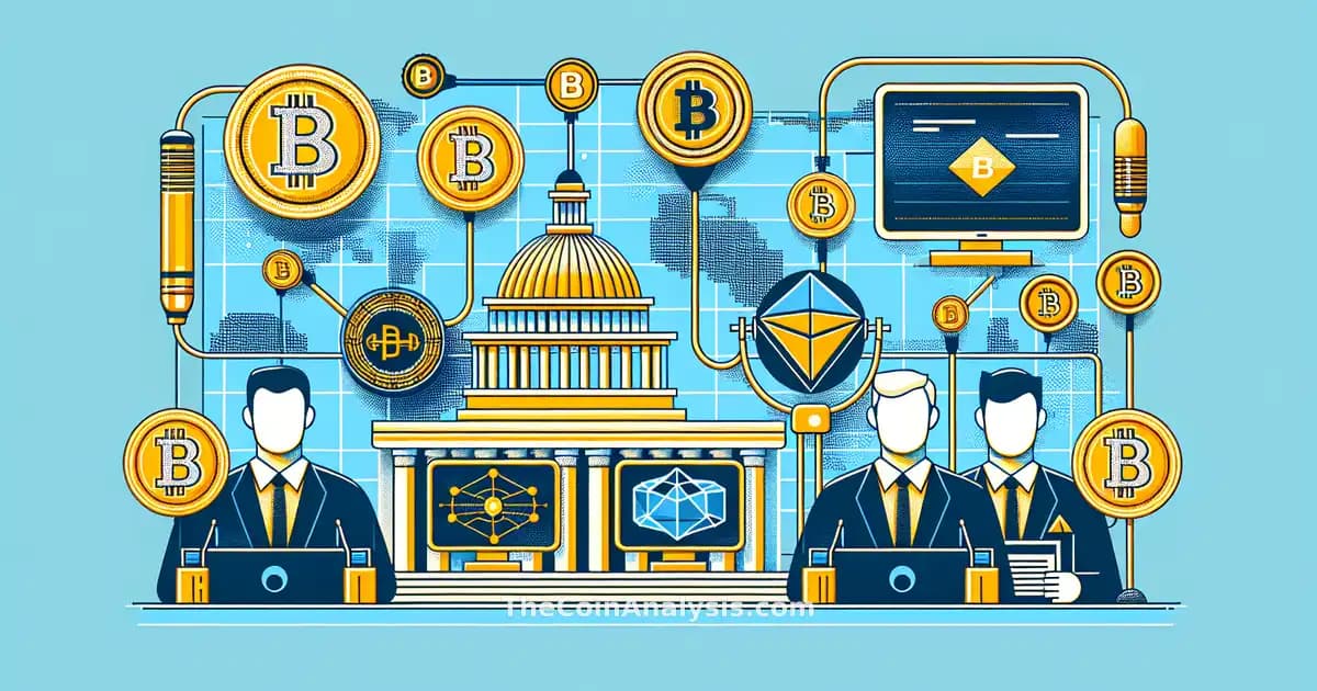 Illustration moderne avec sénateurs stylisés, pièces numériques, dôme du Capitole et nœuds blockchain en bleu et or.