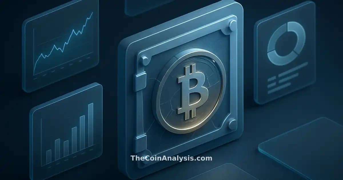 Illustration isométrique d’une pièce Bitcoin dorée dans un coffre-fort en verre givré avec fissures glacées.