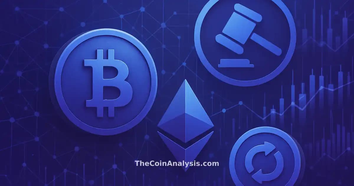 Digital illustration of abstract crypto coins overlaid on blue-purple data charts and network lines symbolizing regulation.